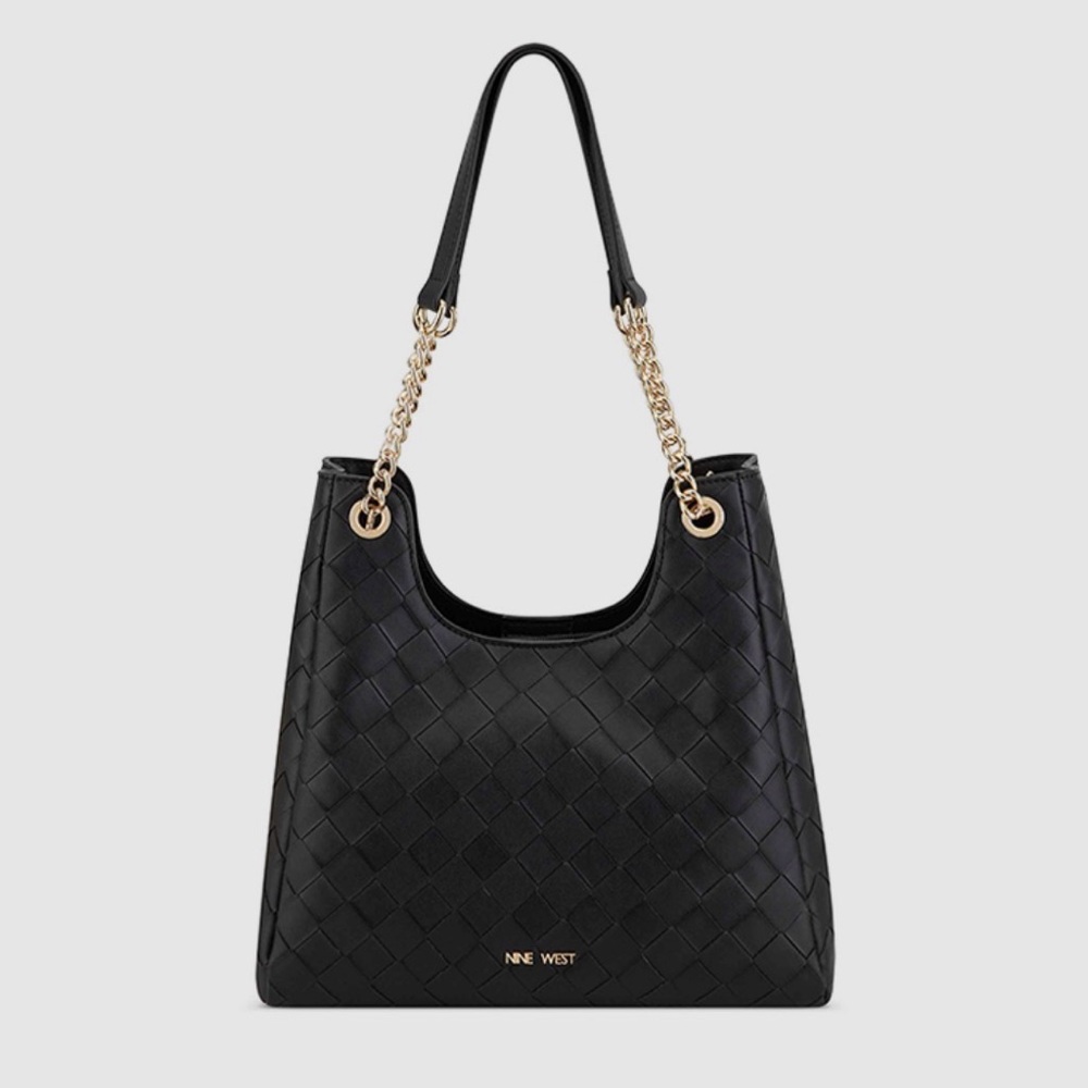 Nine West Bryn Lee Woven 4-Poster Shoulder Bag in black features a woven design